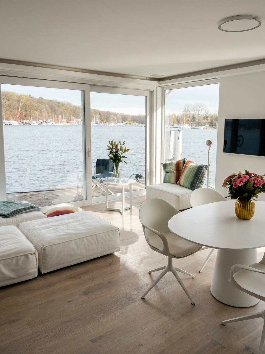 Sun-filled living and dining area with panoramic marina views