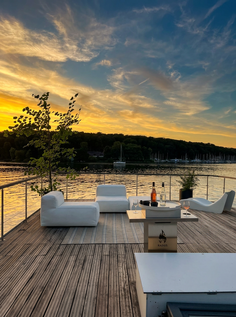 Upper sun deck with lounge seating and firepit overlooking the marina at sunset